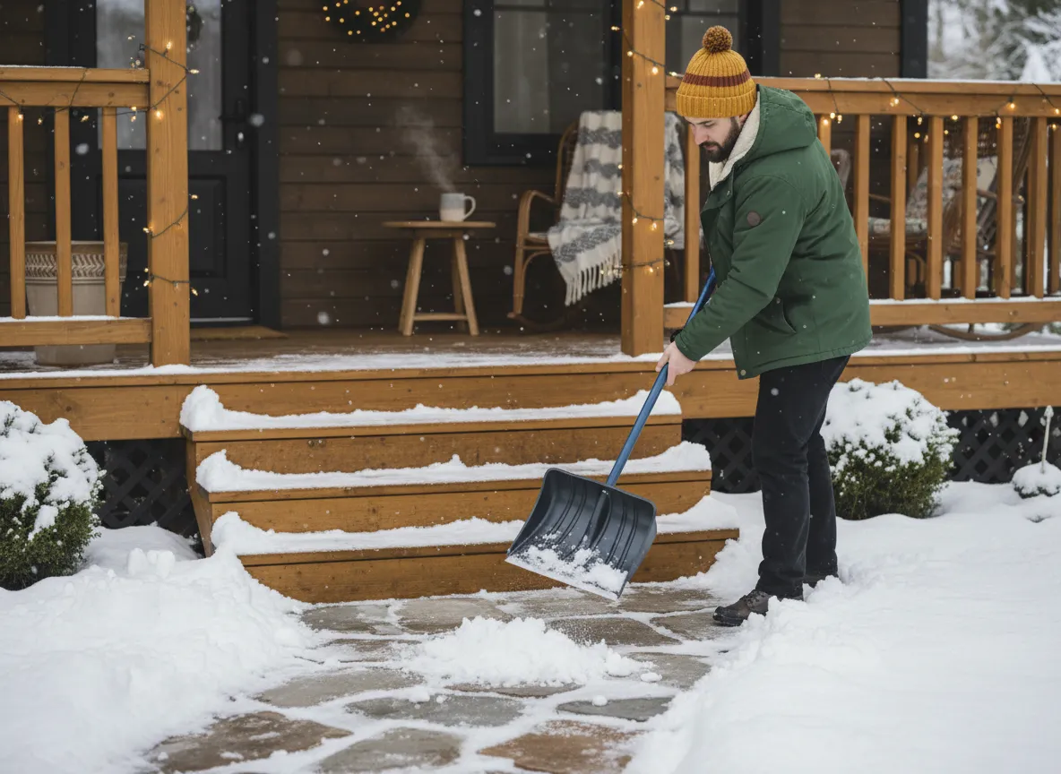Snow removal professional clearing front steps and walkway